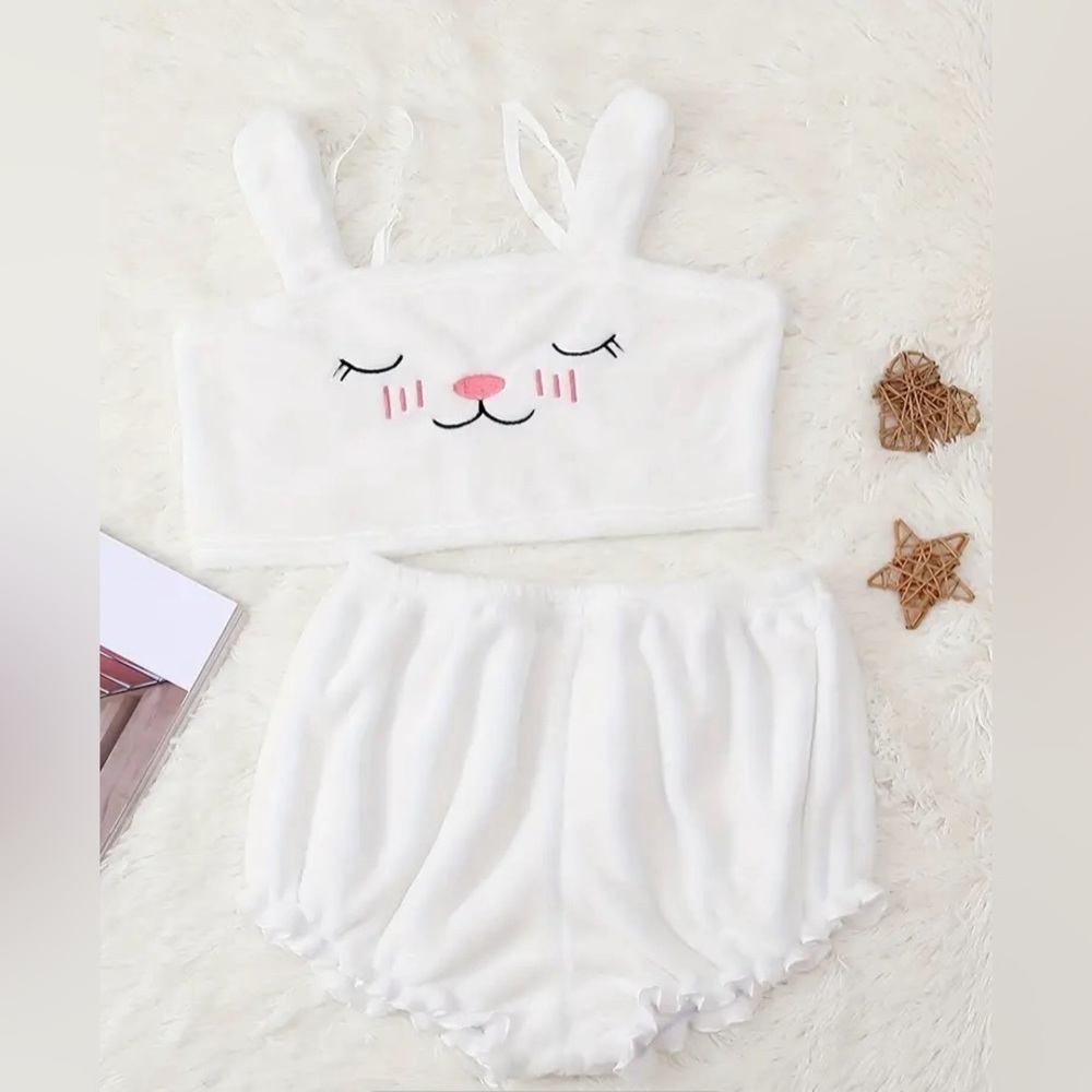 NEW-Shein Cute Rabbit Embroidery Frill Trim Square Neck Crop Cami/Elastic Shorts